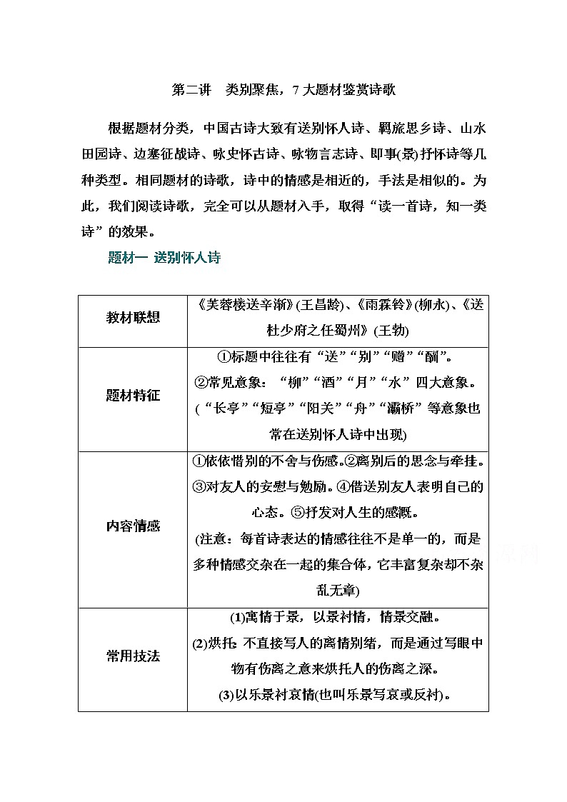 2021届高考语文一轮（统考版）教师用书：第二部分专题二第二讲　类别聚焦7大题材鉴赏诗歌01