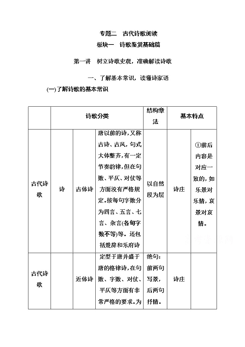 2021届高考语文一轮（统考版）教师用书：第二部分专题二第一讲　树立诗歌史观准确解读诗歌01