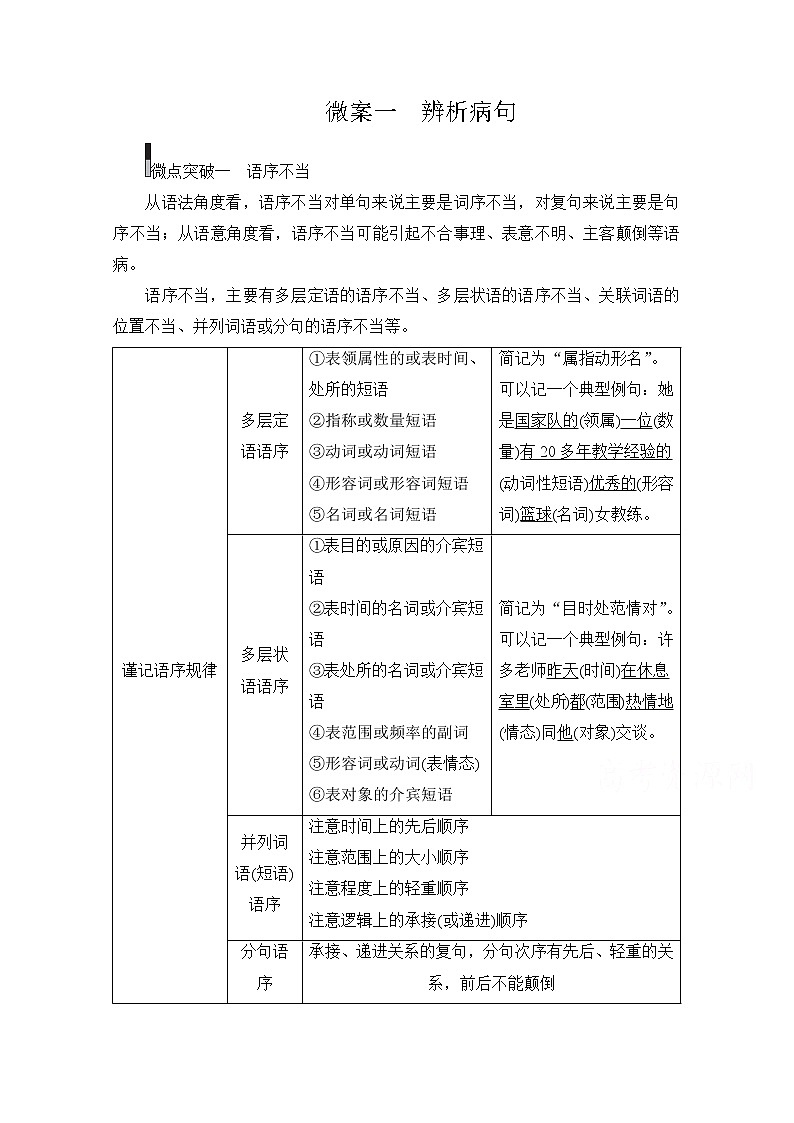 2021届高考语文一轮创新教学案：第3编专题二　微案一　辨析病句01