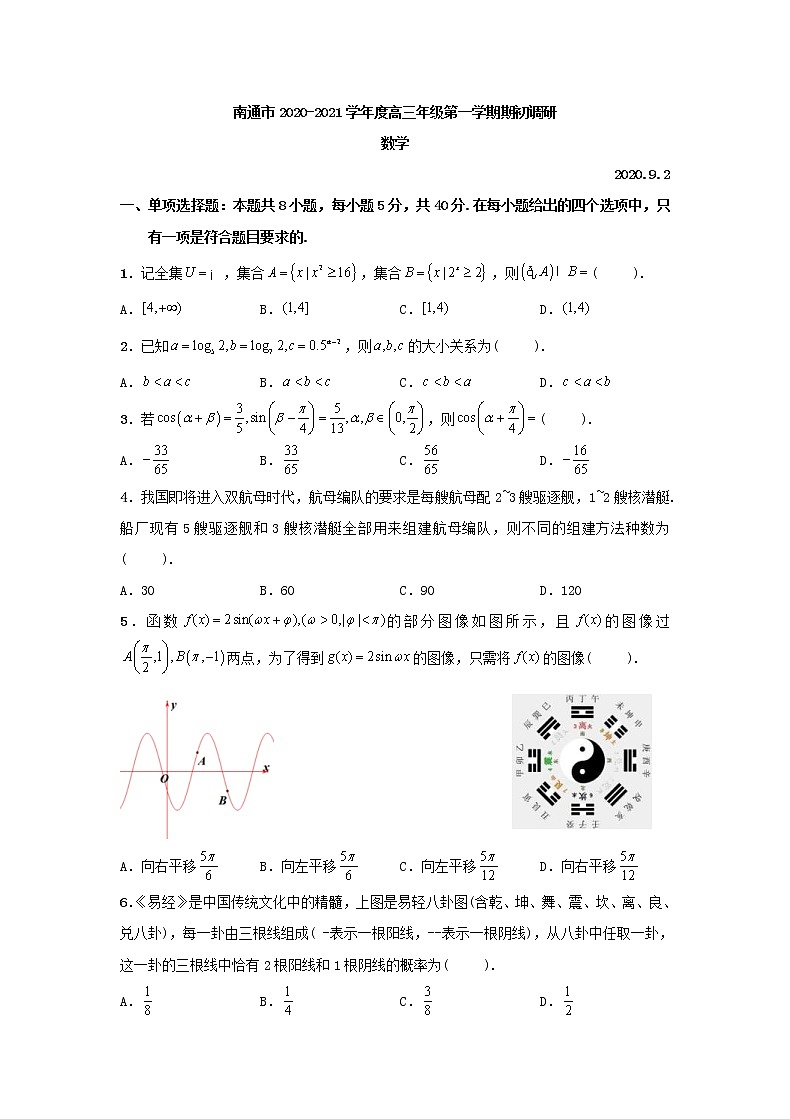 江苏省南通市2021届高三上学期开学考试数学试题（含答案）01