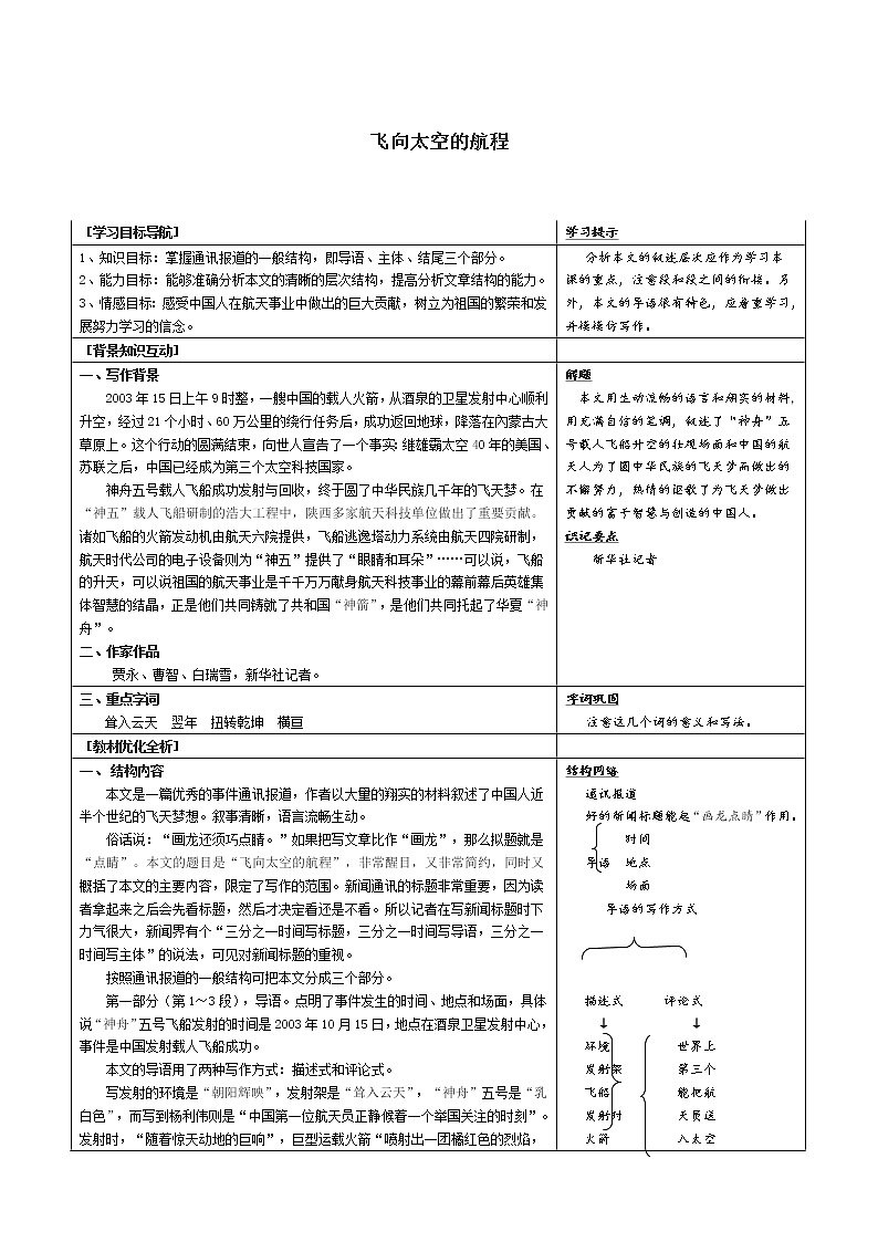 新课标高中语文（人教版）必修1 《飞向太空的航程》教案01