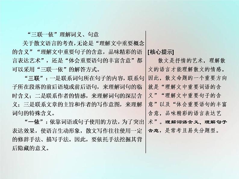 2021年高考语文高分技巧二轮复习专题二抢分点二理解散文词义句意__要做到“三联一依”课件02