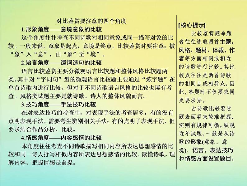 2021年高考语文高分技巧二轮复习专题六抢分点三比较鉴赏题__同中求异异中求同课件02