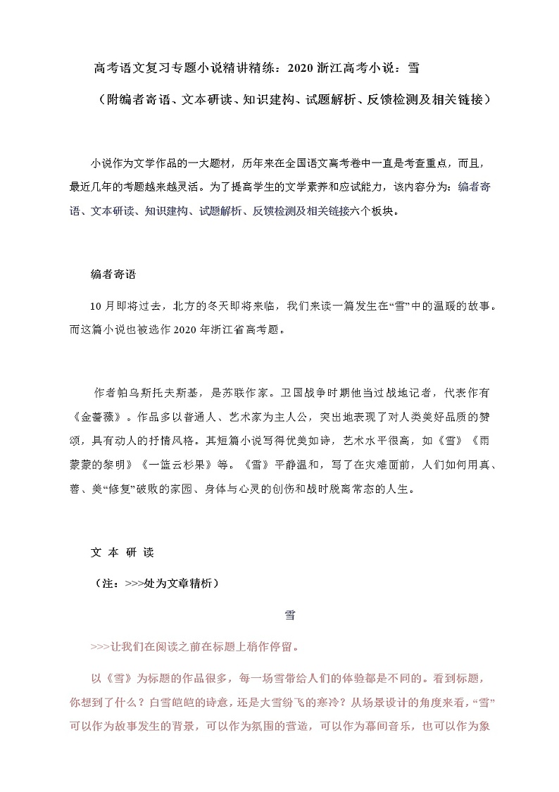 高考语文复习专题小说精讲精练：2020浙江高考小说《雪》01