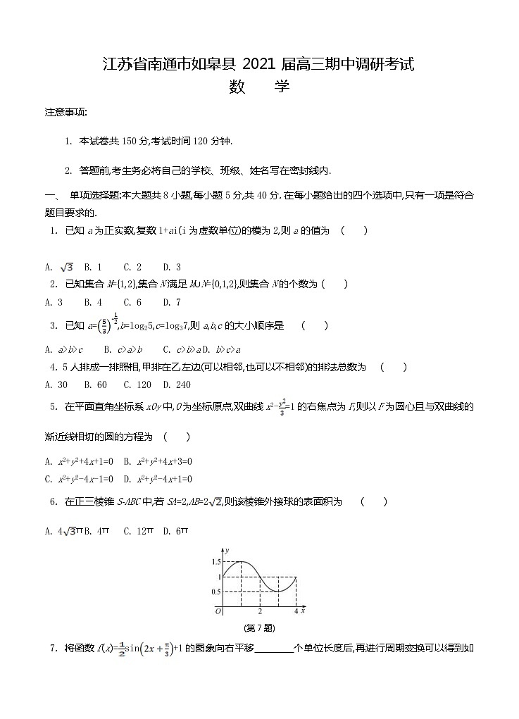 江苏省南通市如皋县2021届高三上学期期中调研考试 数学(含答案)01