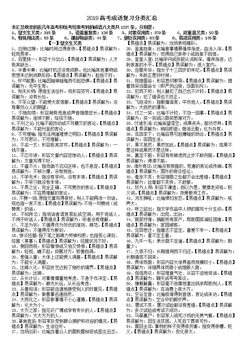2019高考成语复习分类汇总01