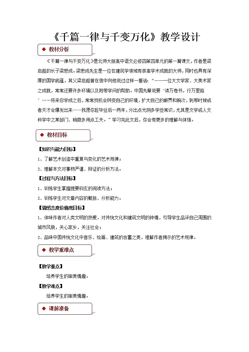 《千篇一律与千变万化》公开课教学设计（高中语文北师大版必修4）01