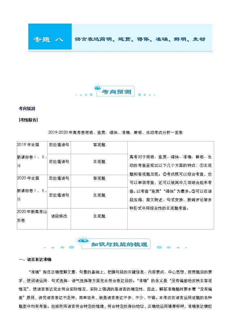 （新高考）2021届高考二轮复习专题八 语言表达简明、连贯、得体、准确、鲜明、生动 学生版01