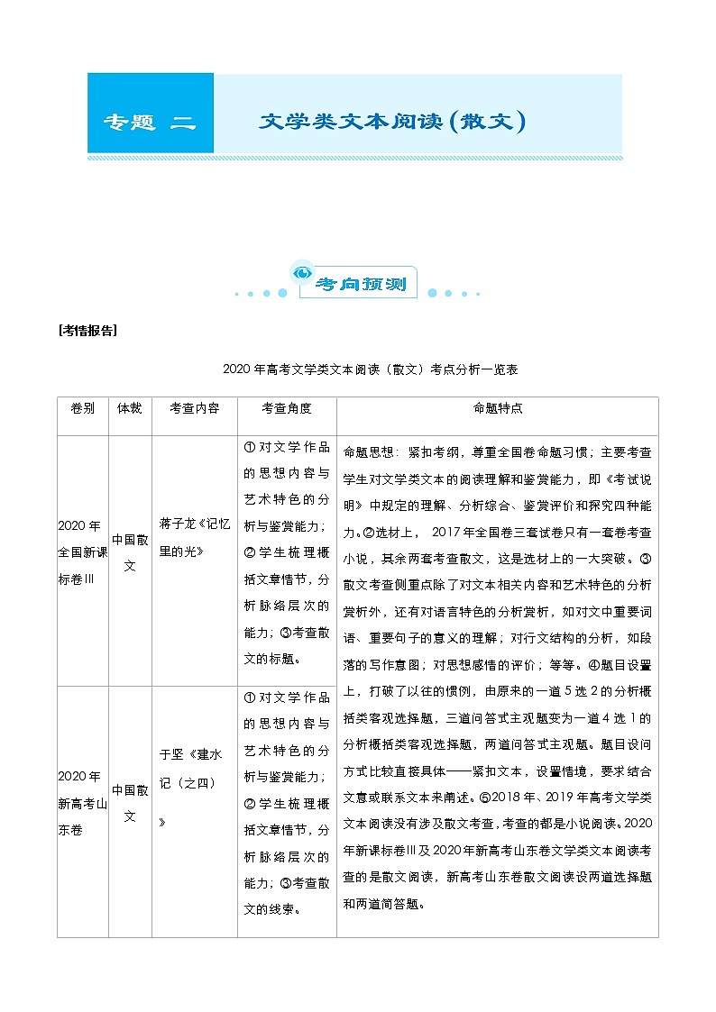 （新高考）2021届高考二轮复习专题二 文学类文本阅读（散文） 学生版01