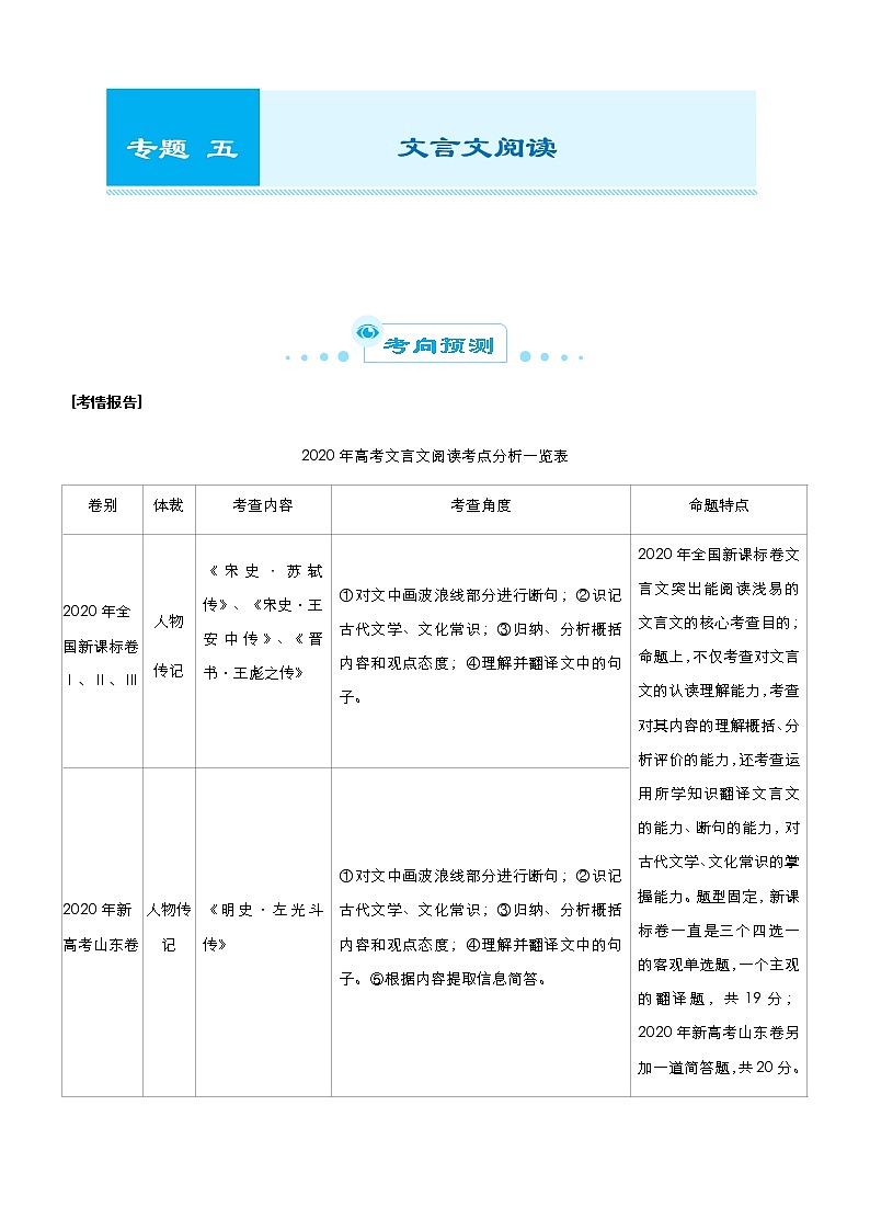 （新高考）2021届高考二轮复习专题五 文言文阅读 教师版01