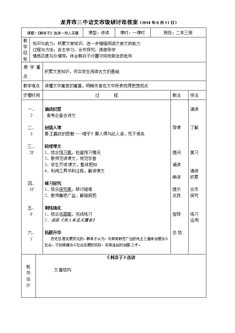 人教版高中语文选修《先秦诸子选读》7.2《郑人有且买履者》教学设计01