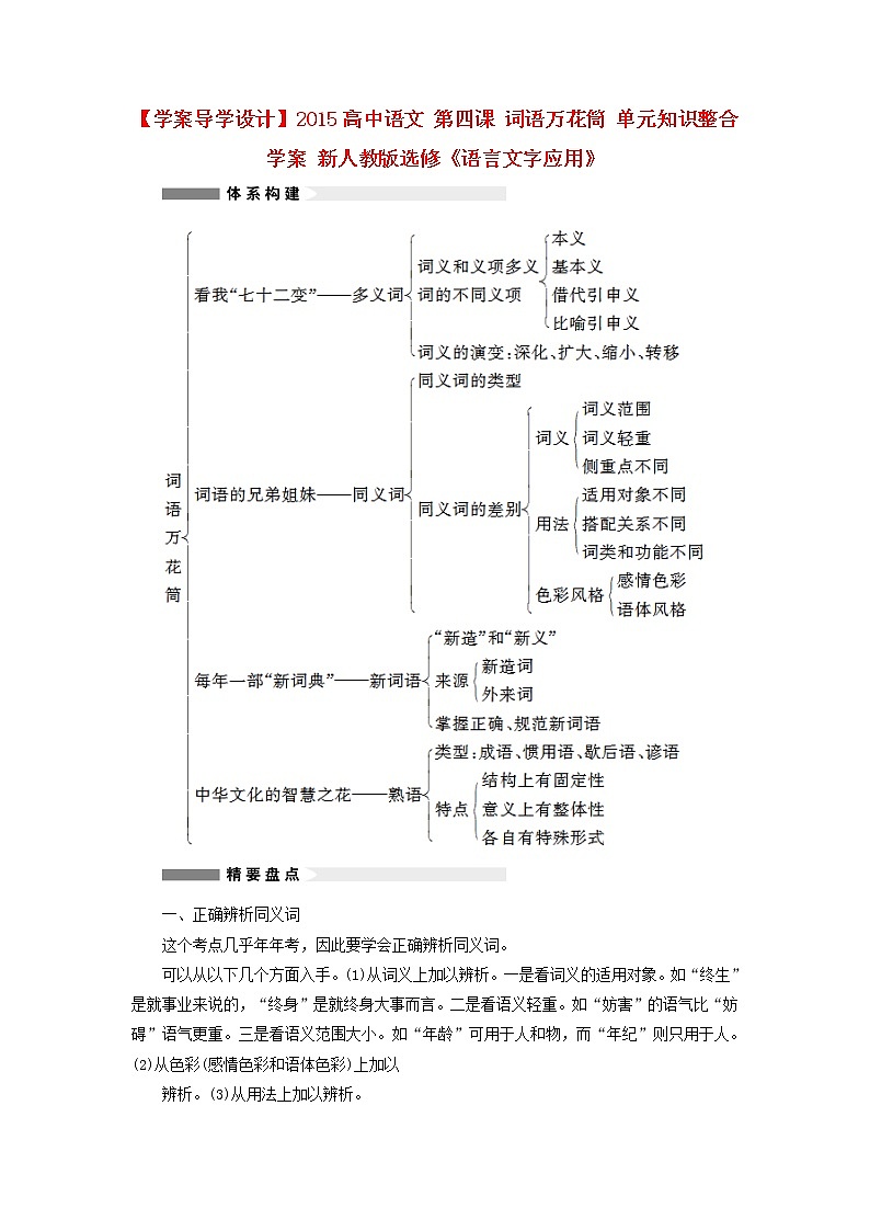 高中语文 第四课 词语万花筒 单元知识整合学案 新人教版选修《语言文字应用》01
