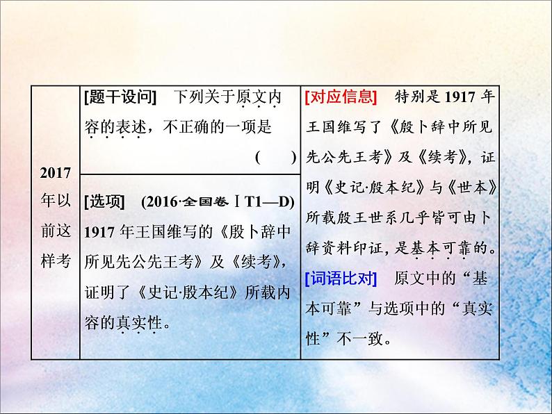 2020版高考语文一轮复习第二板块专题一第1讲论述类文本第1题__同用“比对法”难度在加大课02