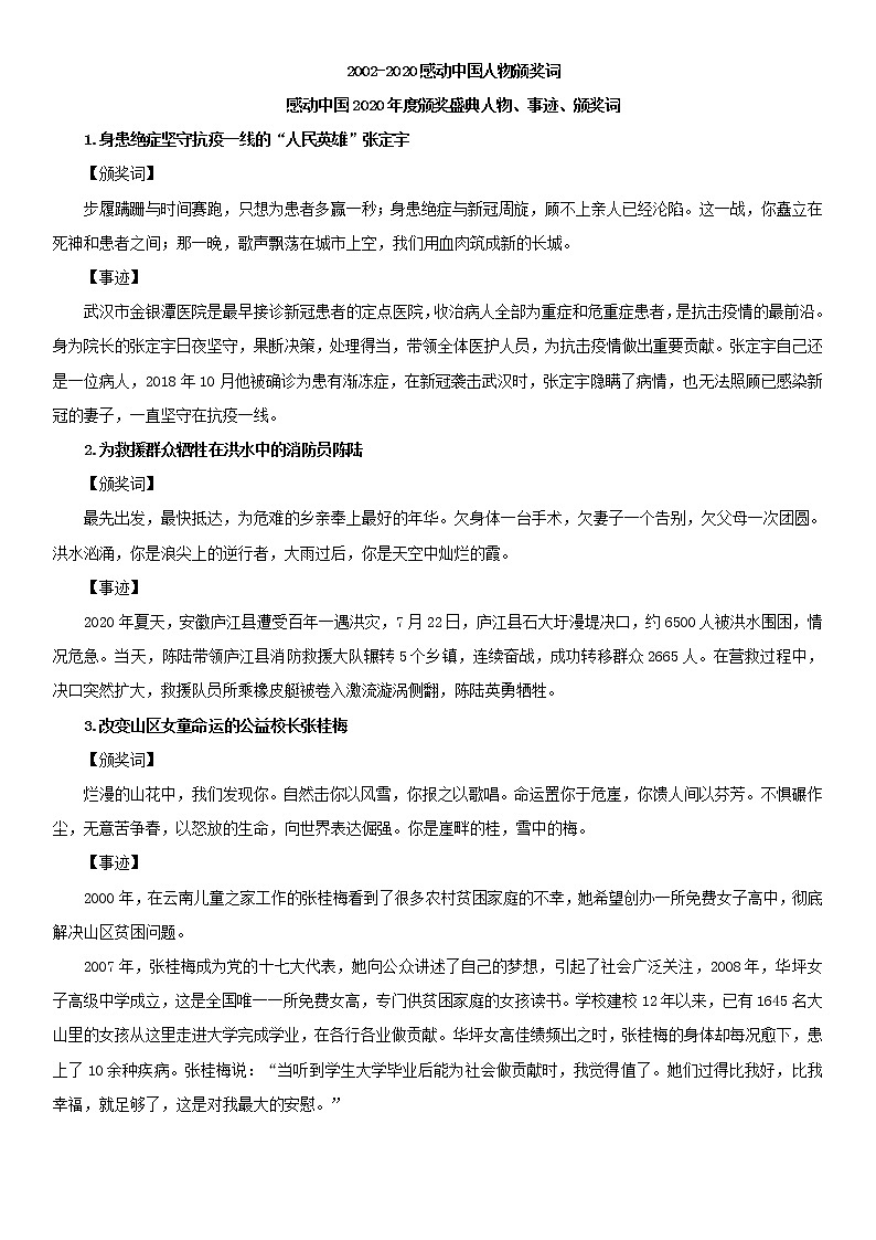 高中语文写作素材：2002~2020《感动中国人物》事迹和颁奖词合集01