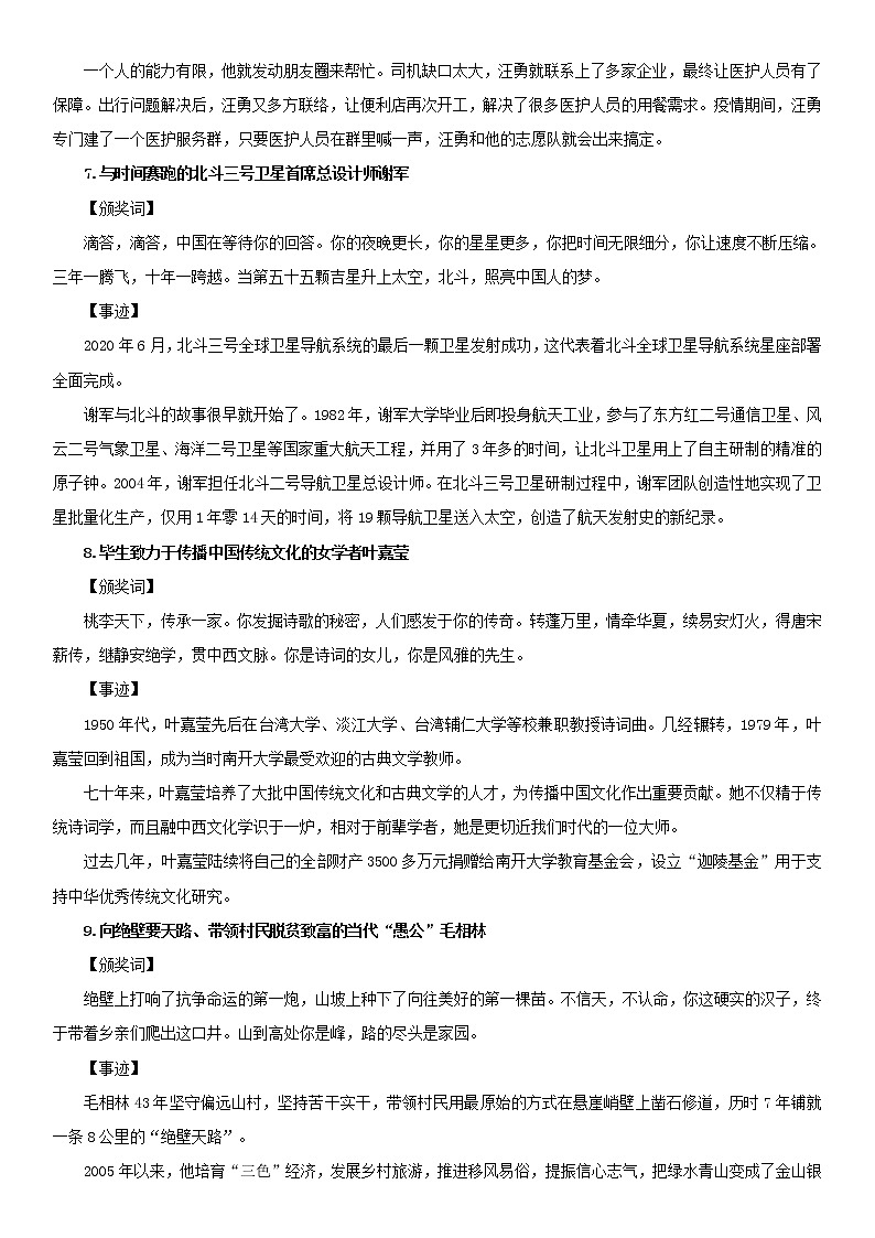 高中语文写作素材：2002~2020《感动中国人物》事迹和颁奖词合集03