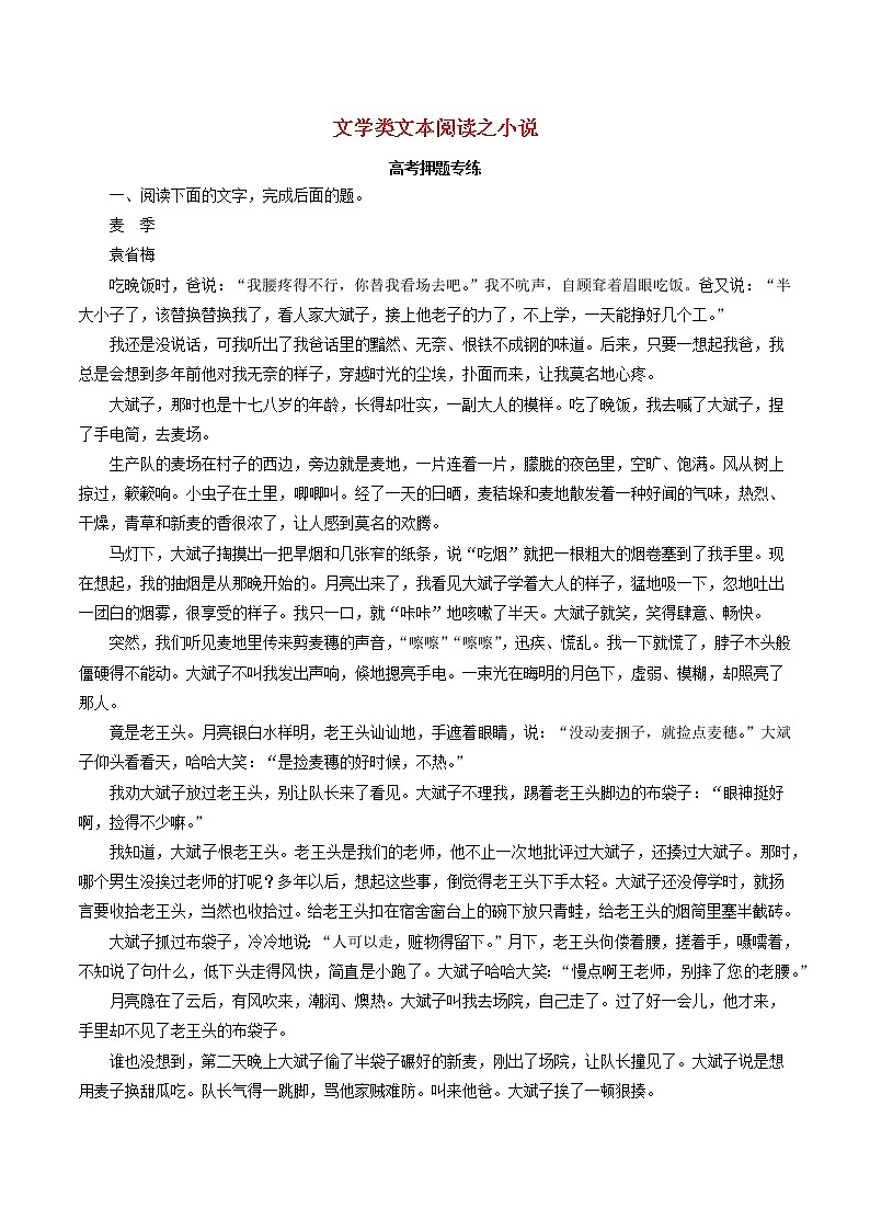 2021高考语文二轮复习文学类文本阅读之小说考点专项练习含解析01