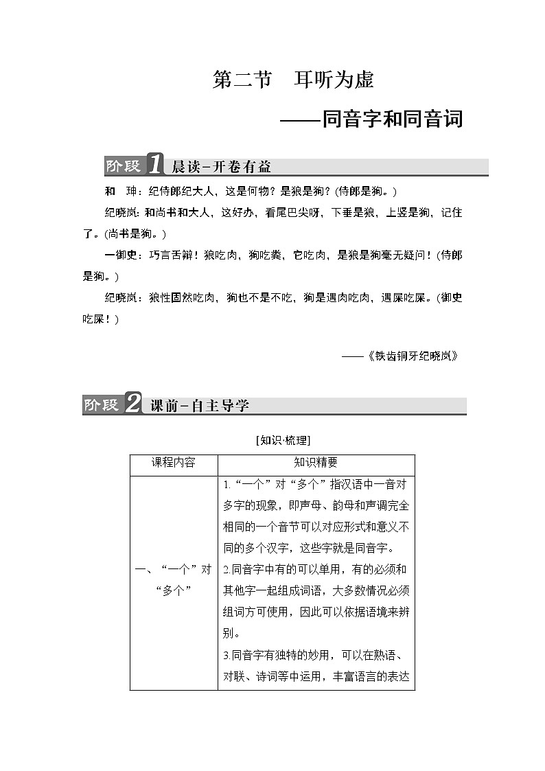 高中语文（人教版）选修《语言文字应用》同步教师用书：第2课 第2节　耳听为虚——同音字和同音词01