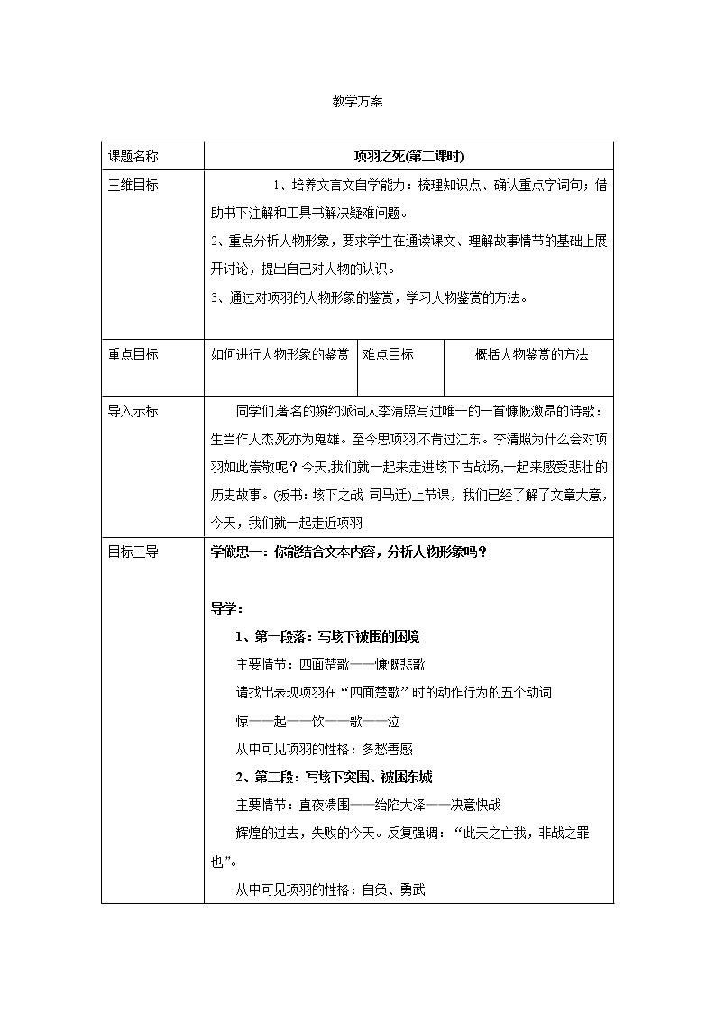 人教版高二语文选修《中国古代诗歌散文欣赏》教案：4.3项羽之死 第二课时01