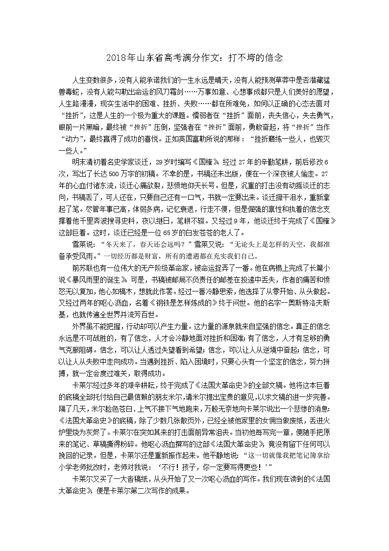 2018年山东省高考满分作文：打不垮的信念01