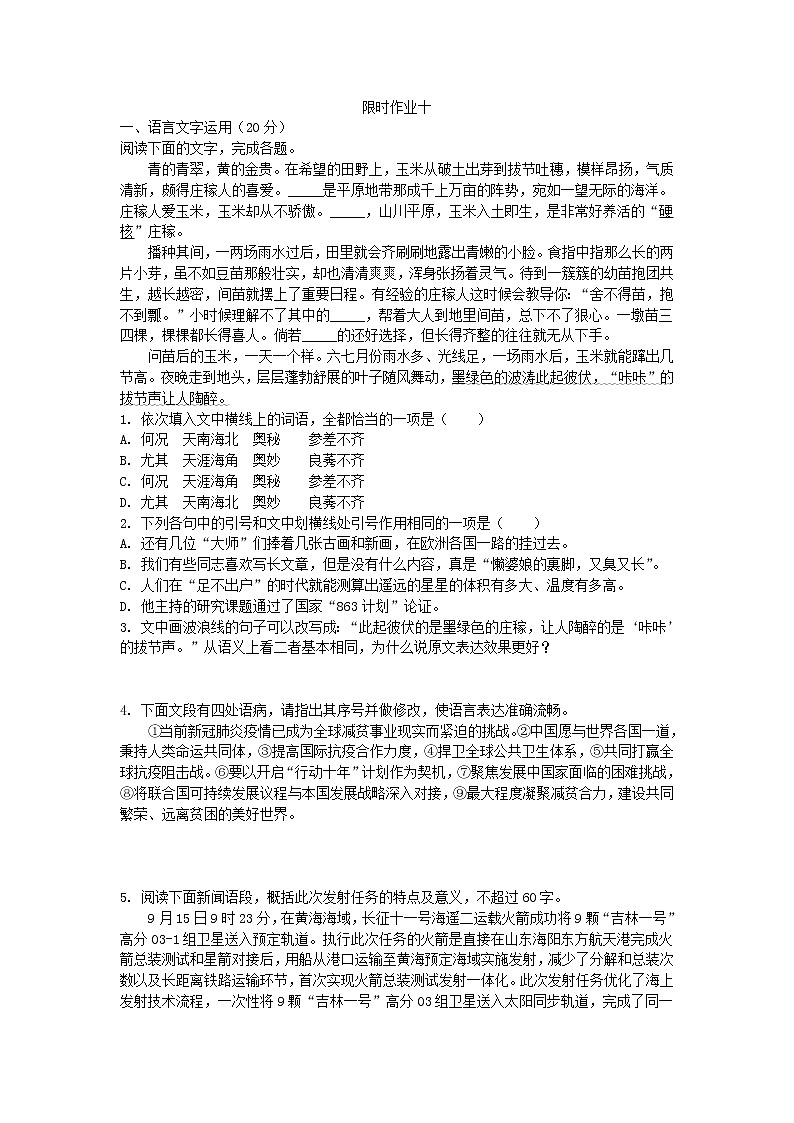 2021年高考语文小题限时作业10（含答案详解）01
