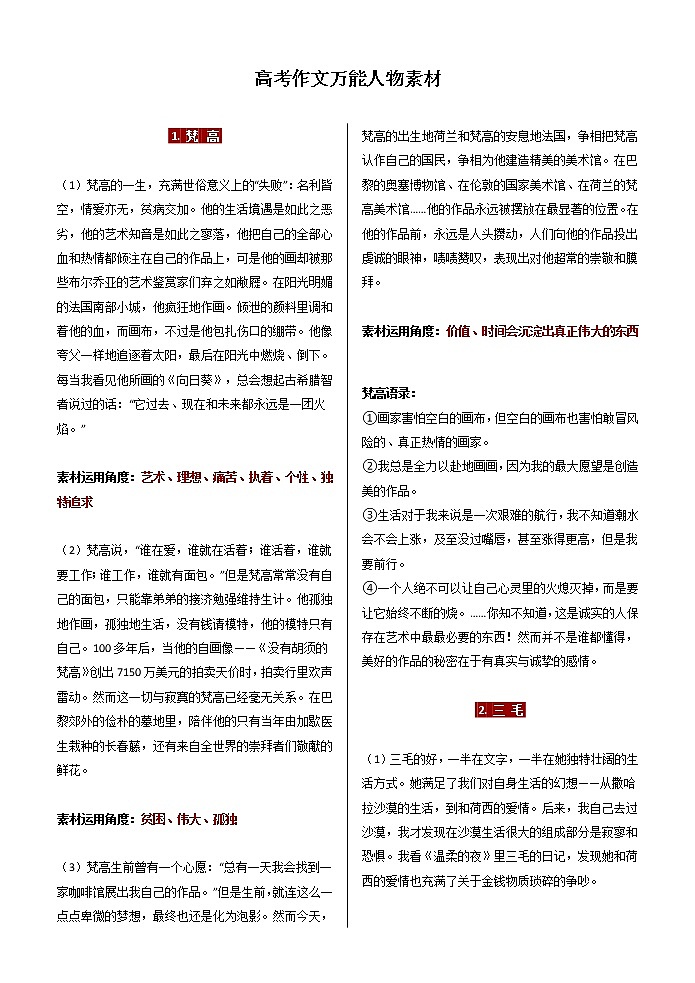 2021高考语文 高考作文万能人物素材(1) 学案01