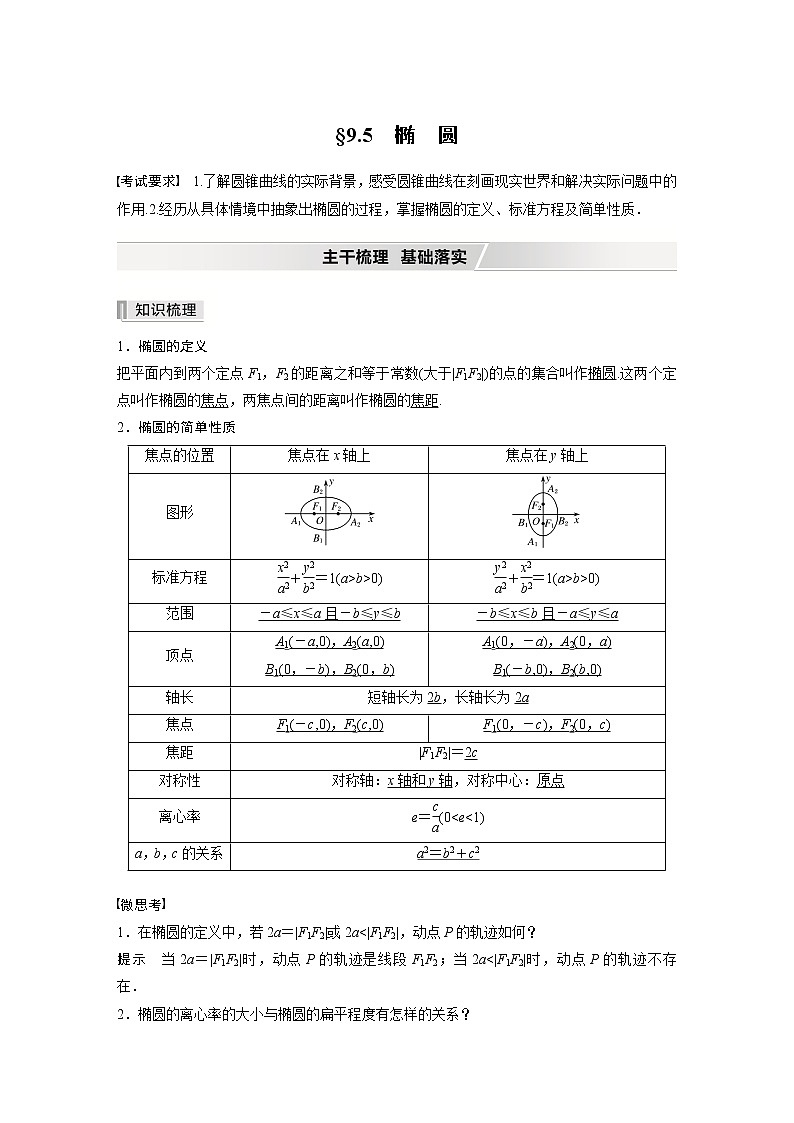 北师大版高考数学一轮复习第九章 §9.5　第1课时　椭圆及其性质第1页
