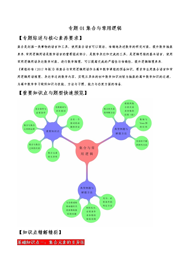 高中数学必修一期末复习试卷 精讲01 集合与常用逻辑（解析版）01