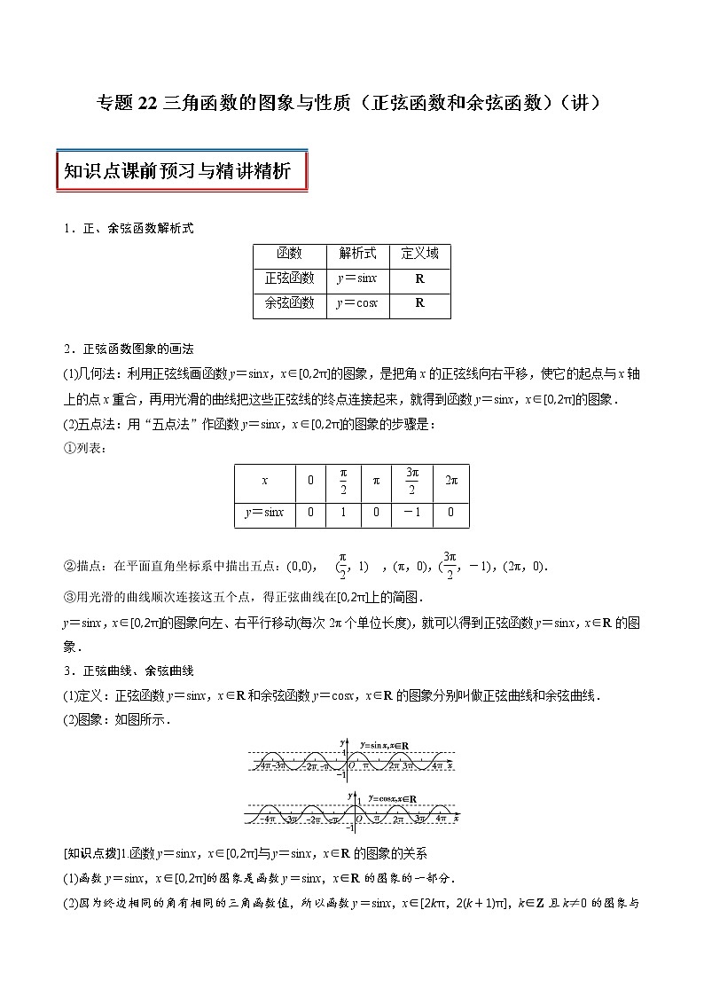 专题22 三角函数的图象与性质（正弦函数和余弦函数）（讲）教案01