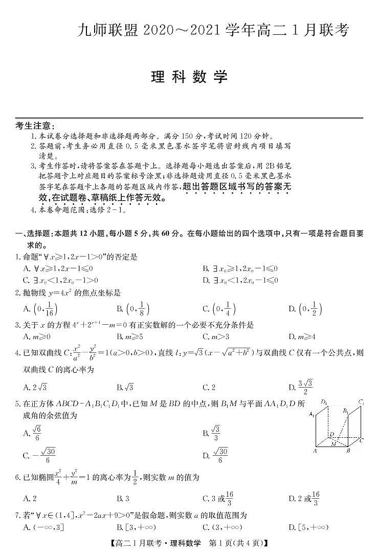 2020-2021学年河南省九师联盟高二上学期1月联考试题 数学（理） PDF版01