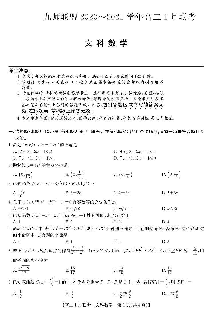 2020-2021学年河南省九师联盟高二上学期1月联考试题 数学（文） PDF版01