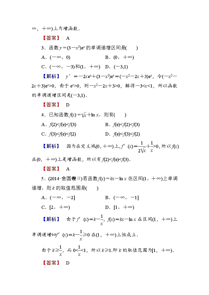 高中数学人教A版选修1-1学业分层测评16 函数的单调性与导数 Word版含解析02
