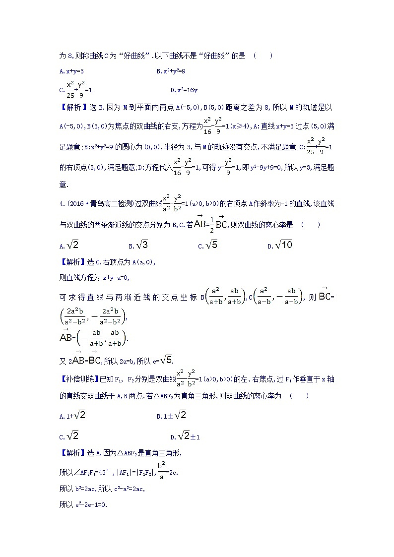 人教A版高中数学选修1-1课时提升作业 十四 2.2.2 双曲线的简单几何性质 第2课时 双曲线方程及性质的应用 精讲优练课型 Word版含答案第2页