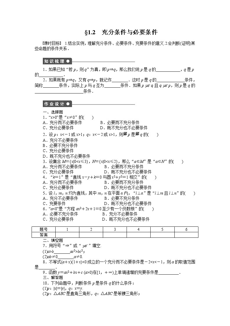 人教a版数学【选修1-1】作业：1.2充分条件与必要条件（含答案） 练习01