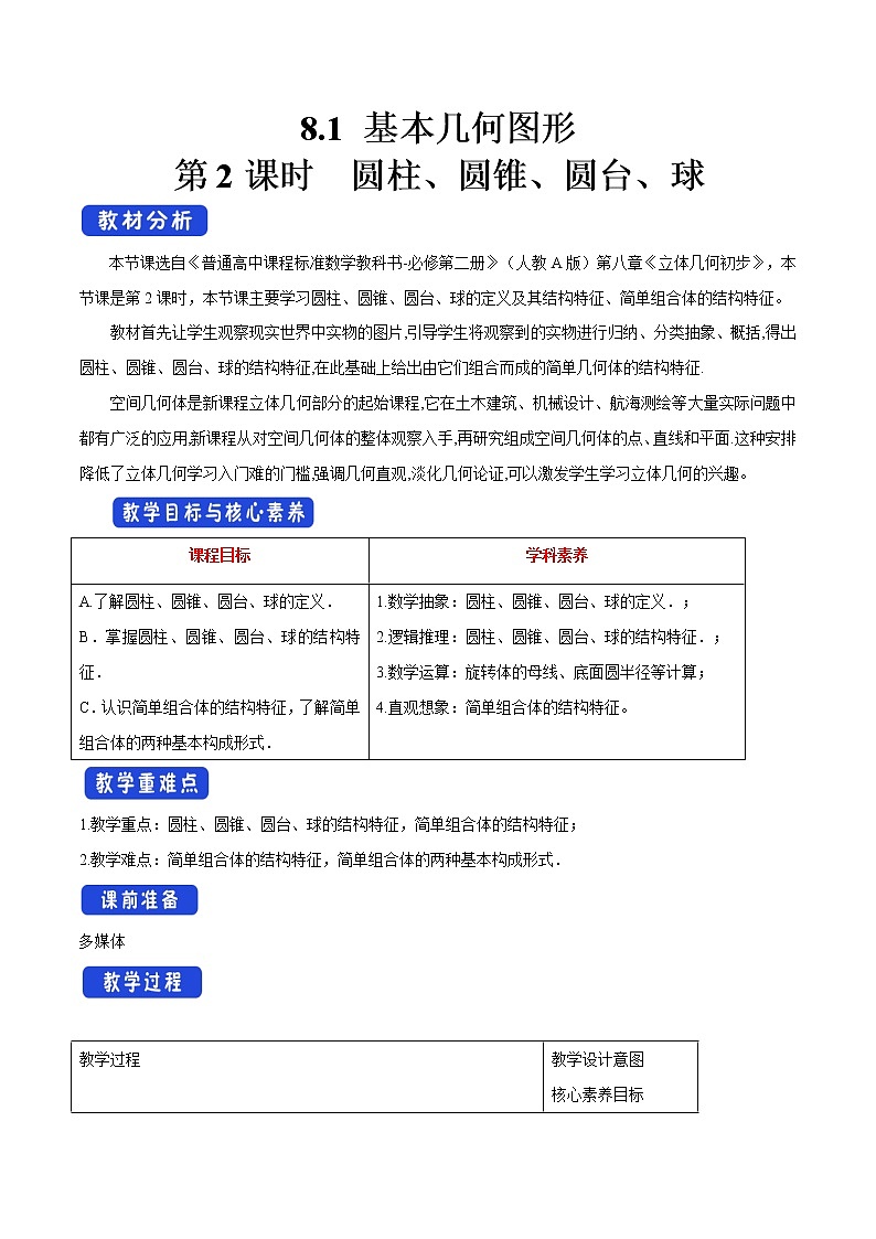 【新教材精创】8.1 基本几何图形（第2课时）圆柱、圆锥、圆台、球 教学设计（1）-人教A版高中数学必修第二册01