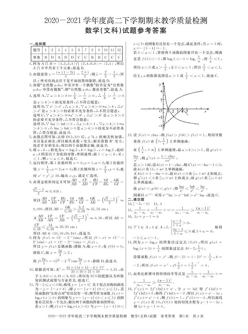 河南省信阳市2020-2021学年高二文数下学期期末教学质量检测试题（PDF）答案第1页