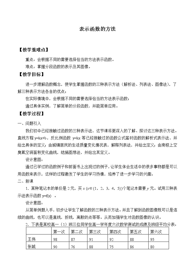 1.2.2表示函数的方法_教案-高中数学湘教版必修一01