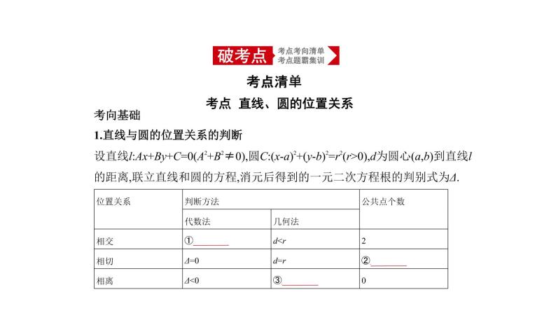 2020版高考数学（天津专用）大一轮精准复习课件：9.2　直线、圆的位置关系 【KS5U 高考】01