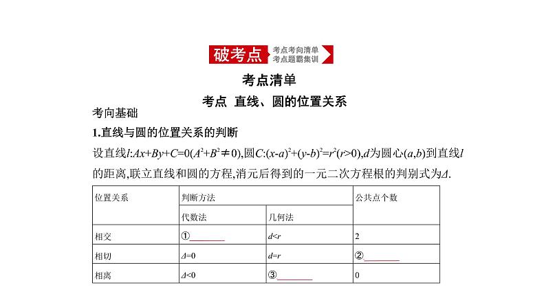 2020版高考数学（天津专用）大一轮精准复习课件：9.2　直线、圆的位置关系 【KS5U 高考】01