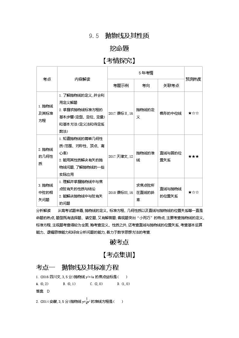 2020版高考数学（天津专用）大一轮精准复习精练：9.5　抛物线及其性质 Word版含解析【KS5U 高考】01