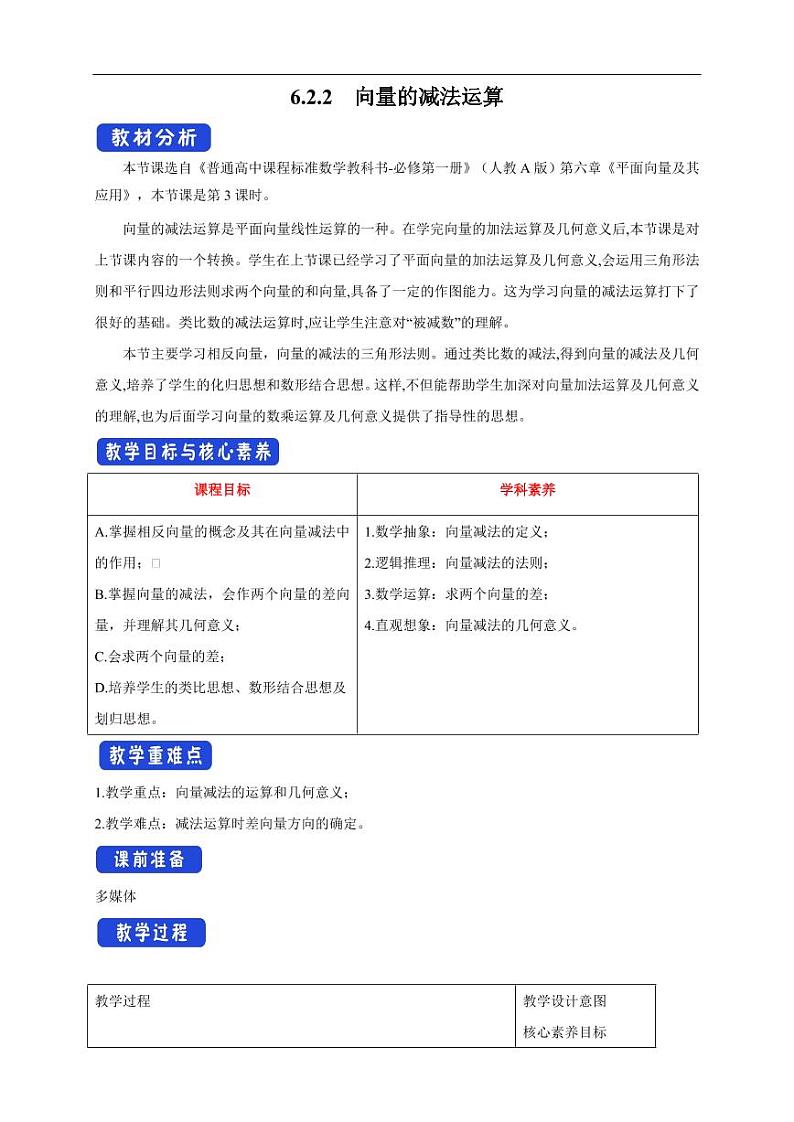 6.2.2 向量的减法运算 教学设计（1）-人教A版高中数学必修第二册01