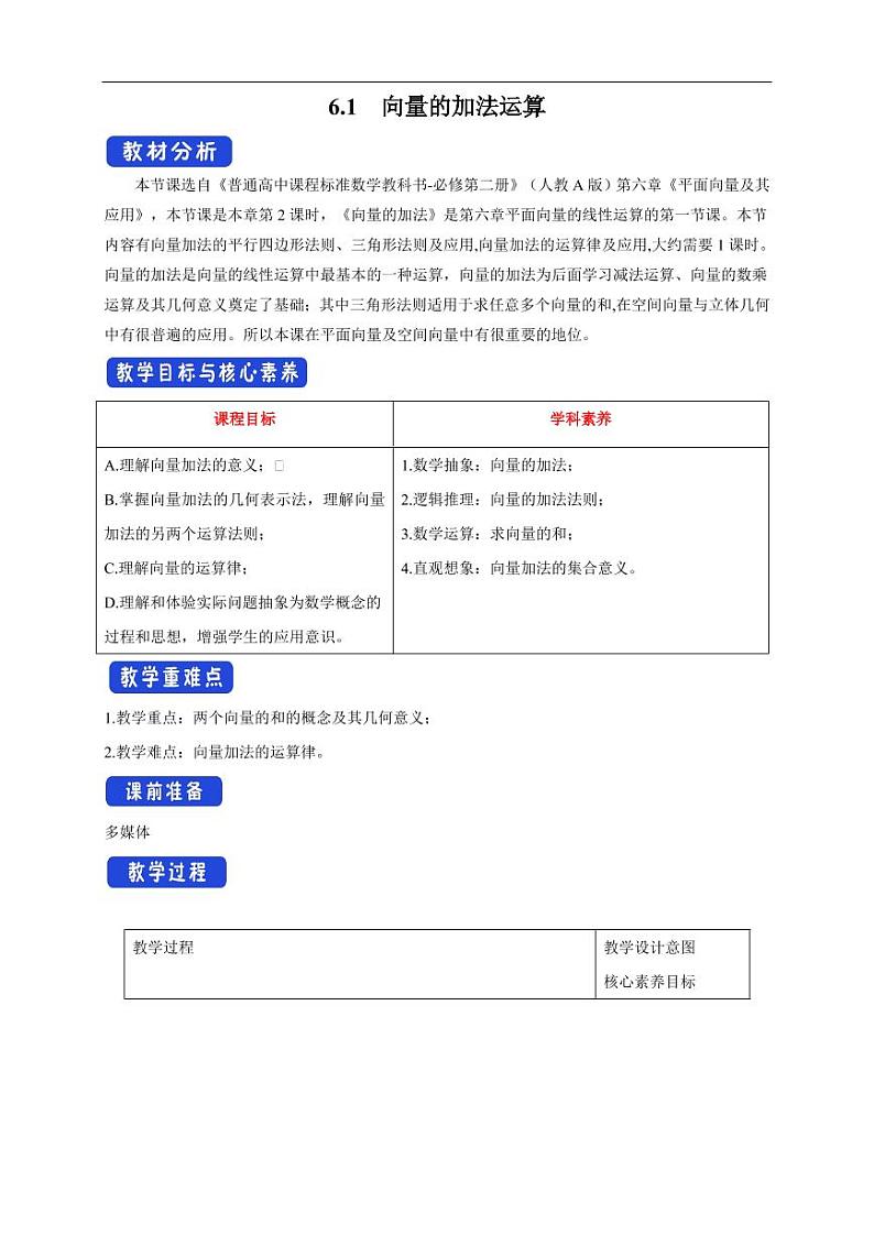 6.2.1 向量的加法运算 教学设计（1）-人教A版高中数学必修第二册01