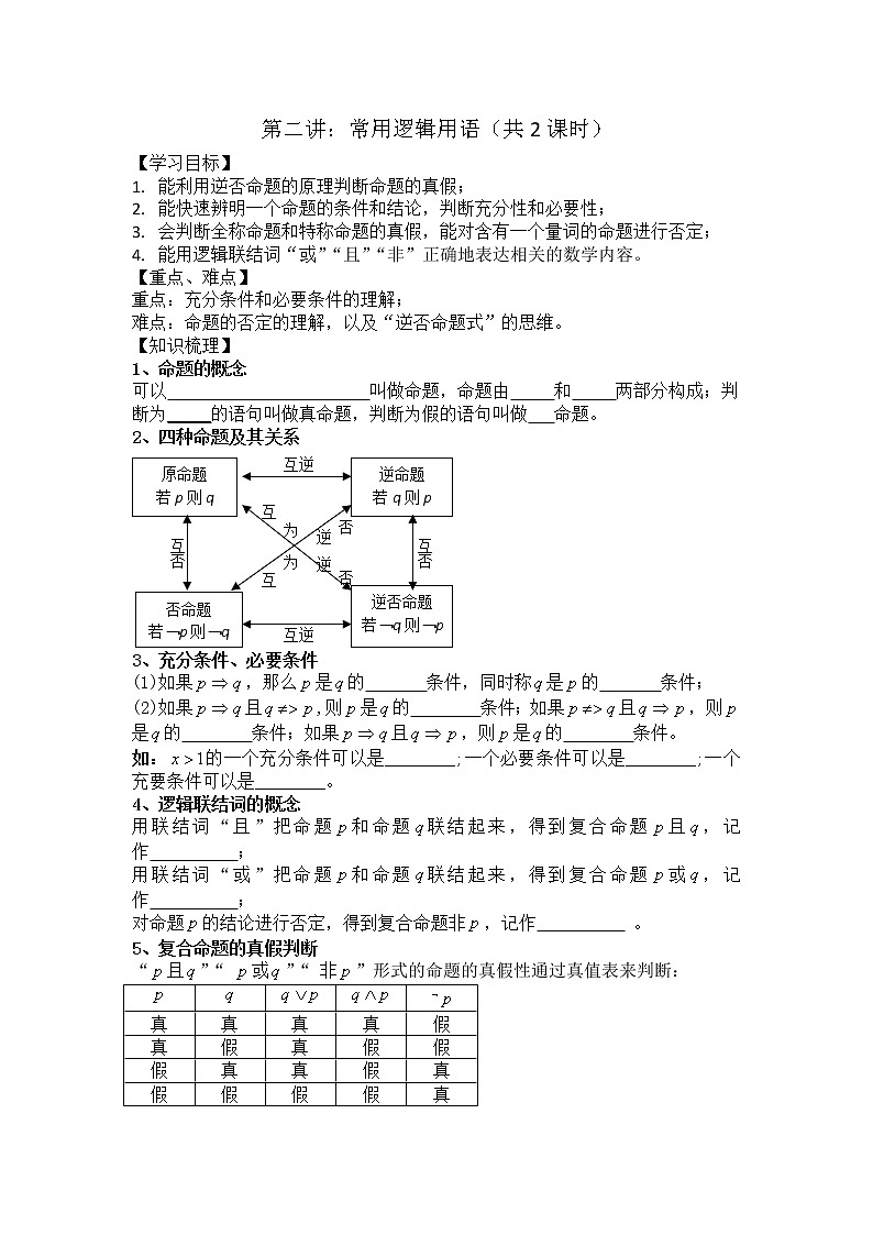 2021高三数学第一轮复习 导学案 第2讲 常用逻辑用语（共2课时）第1页