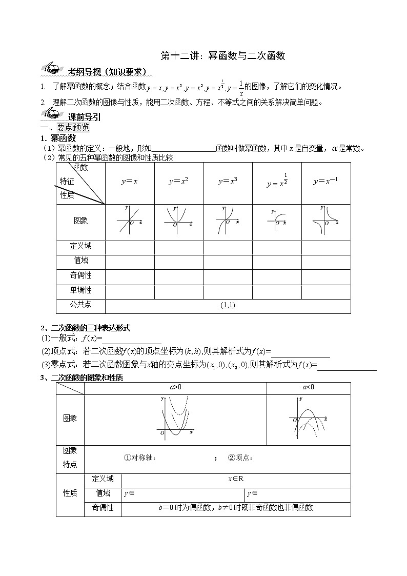 2021高三数学第一轮复习 导学案  第12讲幂函数与二次函数第1页