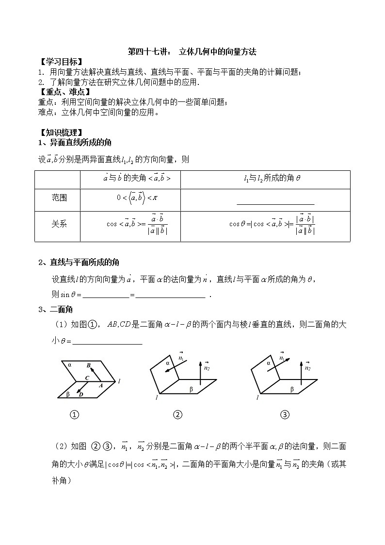 2021高三数学第一轮复习 导学案  第47讲 立体几何中的向量方法第1页
