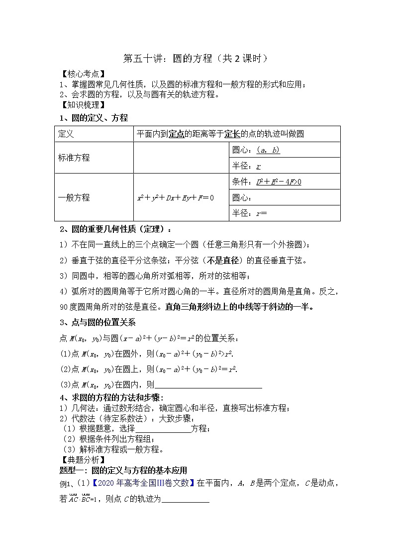 2021高三数学第一轮复习 导学案  第50讲 圆的方程（共2课时）01