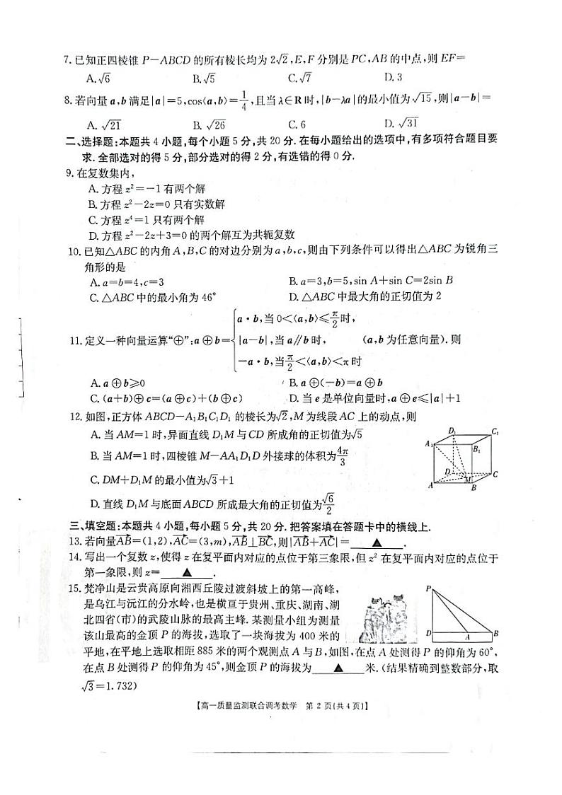 湖南部分学校2020-2021学年高一下学期6月质量监测联合调考数学试题（6月1日）+扫描版含答案第2页