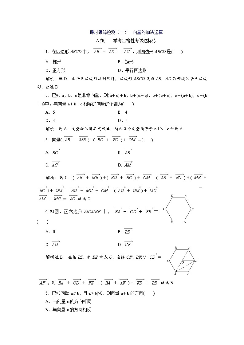 课时跟踪检测（二）  向量的加法运算第1页