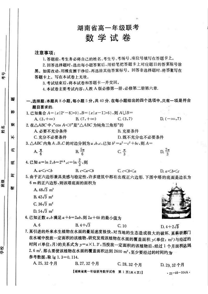 湖南省重点中学2020-2021学年高一下学期3月份考试   数学练习题（无答案）01