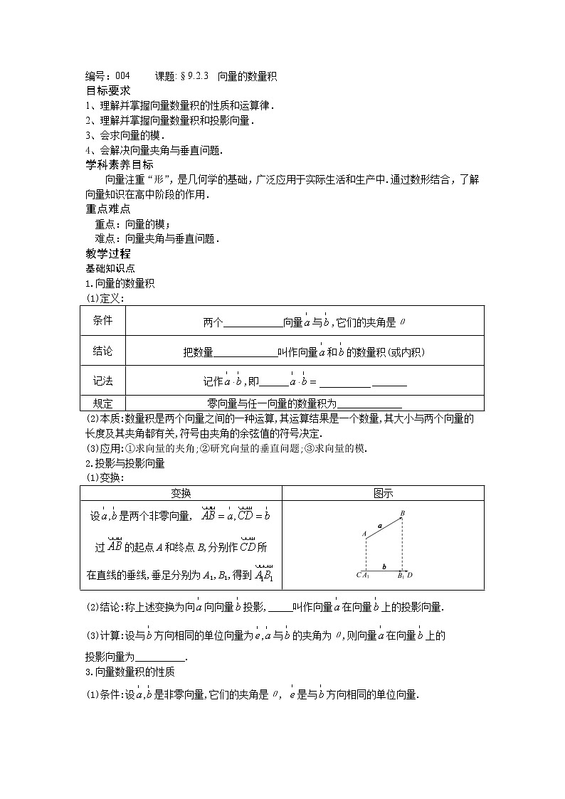 9.2.3 向量的数量积-【新教材】2020-2021学年苏教版（2019）高中数学必修第二册同步教案（学生版+教师版）第1页