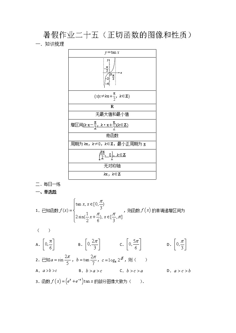 暑假作业二十五（正切函数的图像和性质）-（新高一）数学 练习01